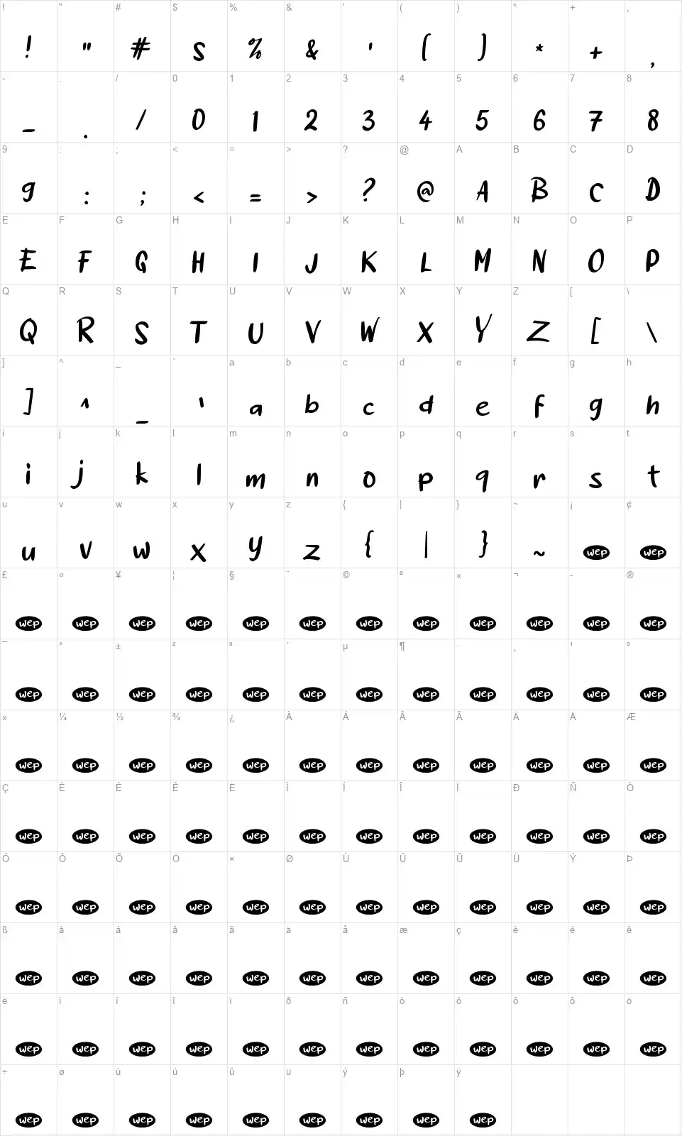 a Acakadutfont character map
