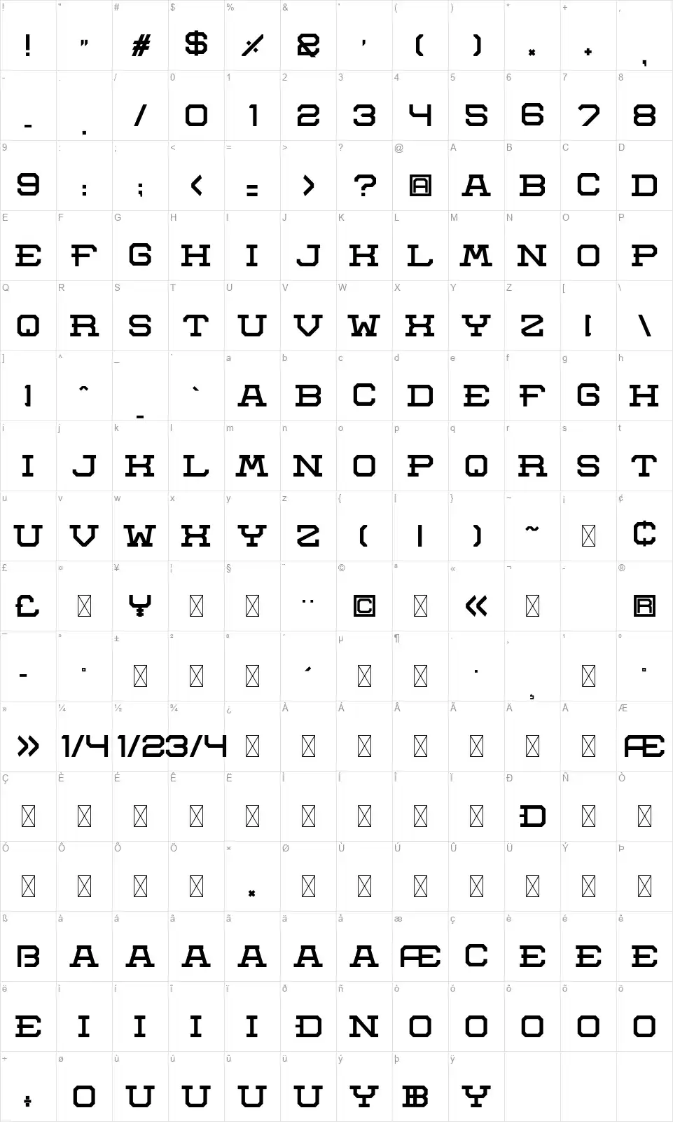 Aerotow Slabfont character map
