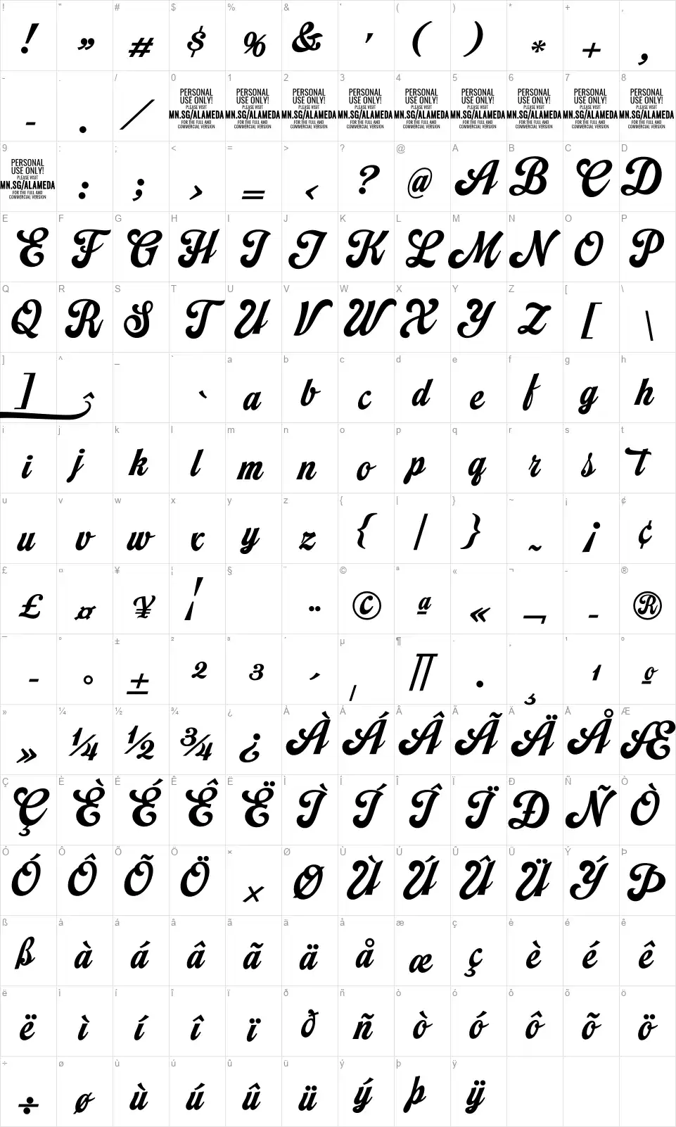 Alameda Scriptfont character map