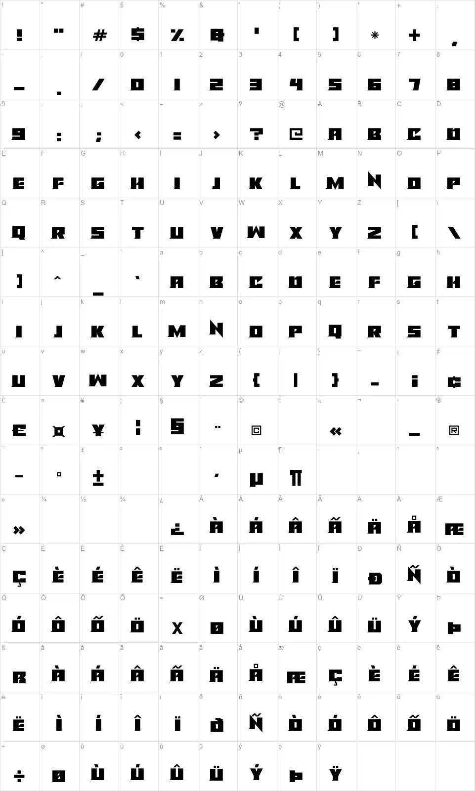 Alien Androidsfont character map