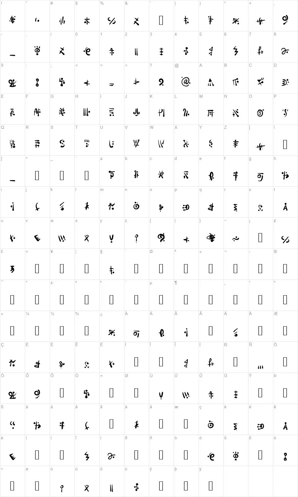 Alien Hieroglyphfont character map