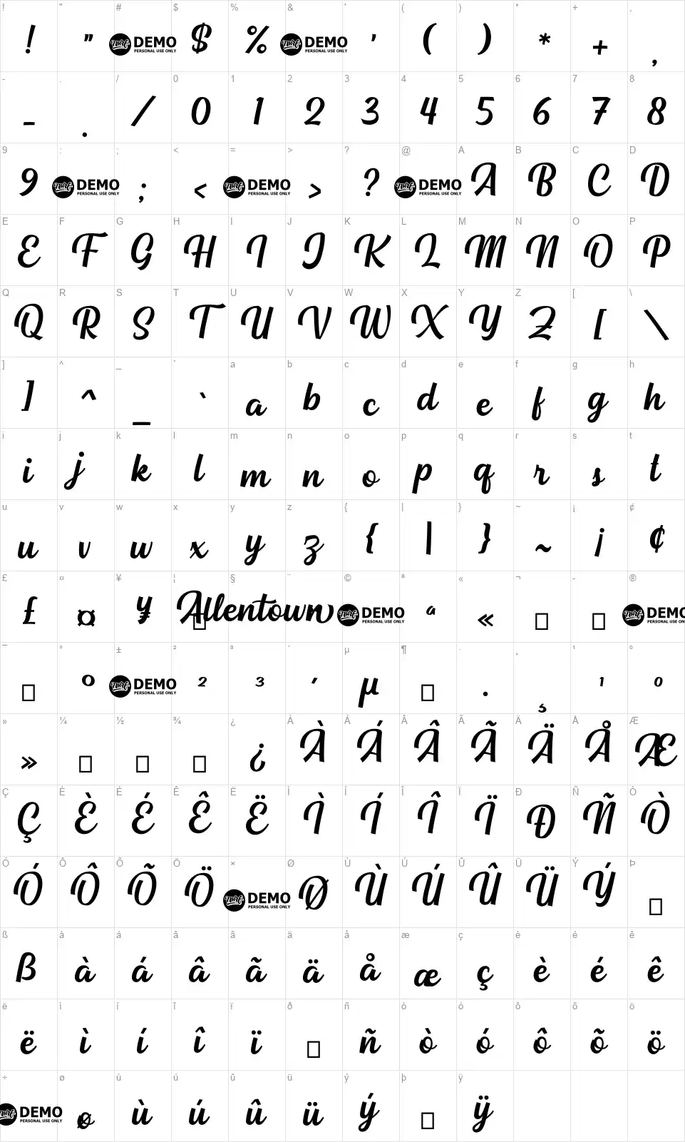 Allentownfont character map