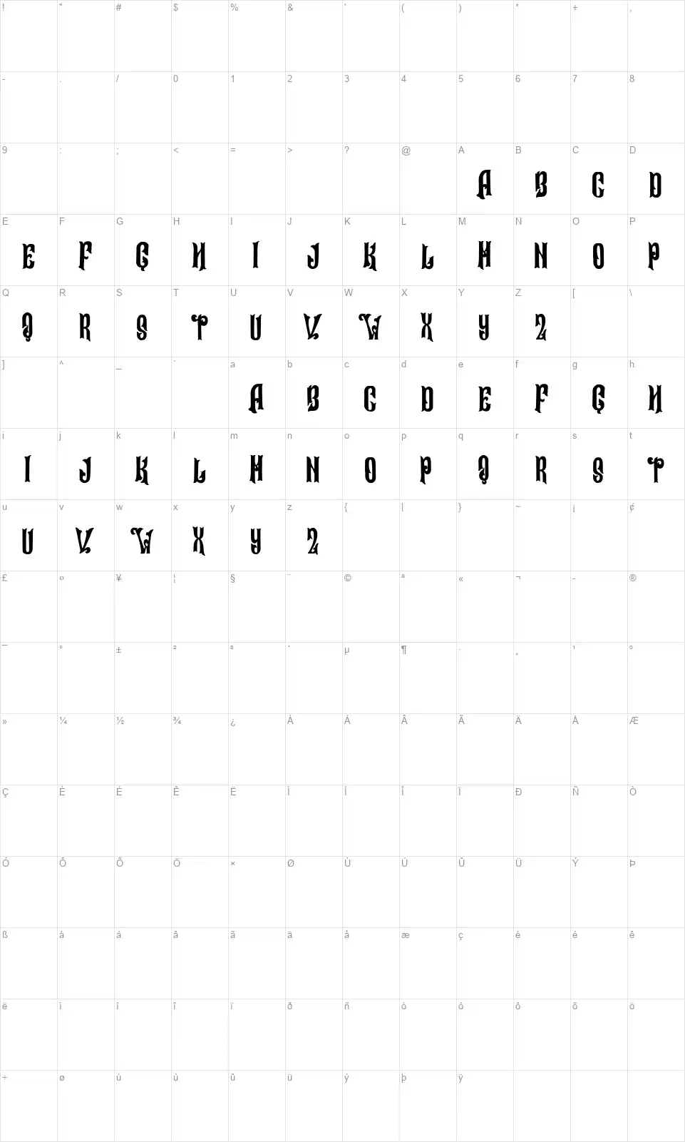 Alleriafont character map