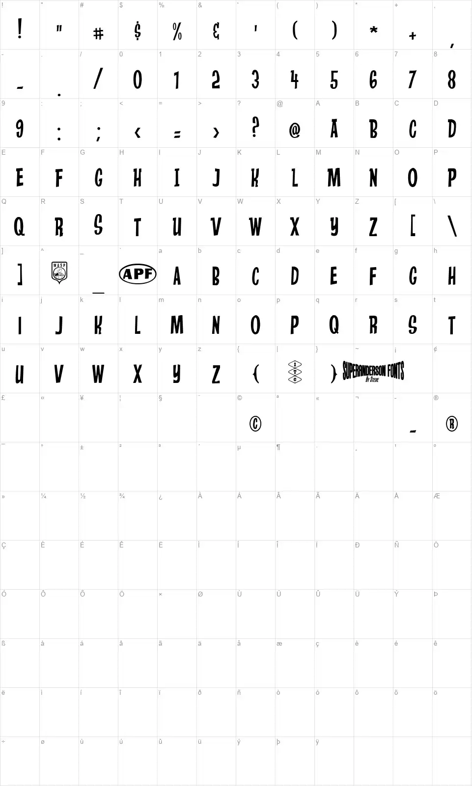Anderson Stingrayfont character map