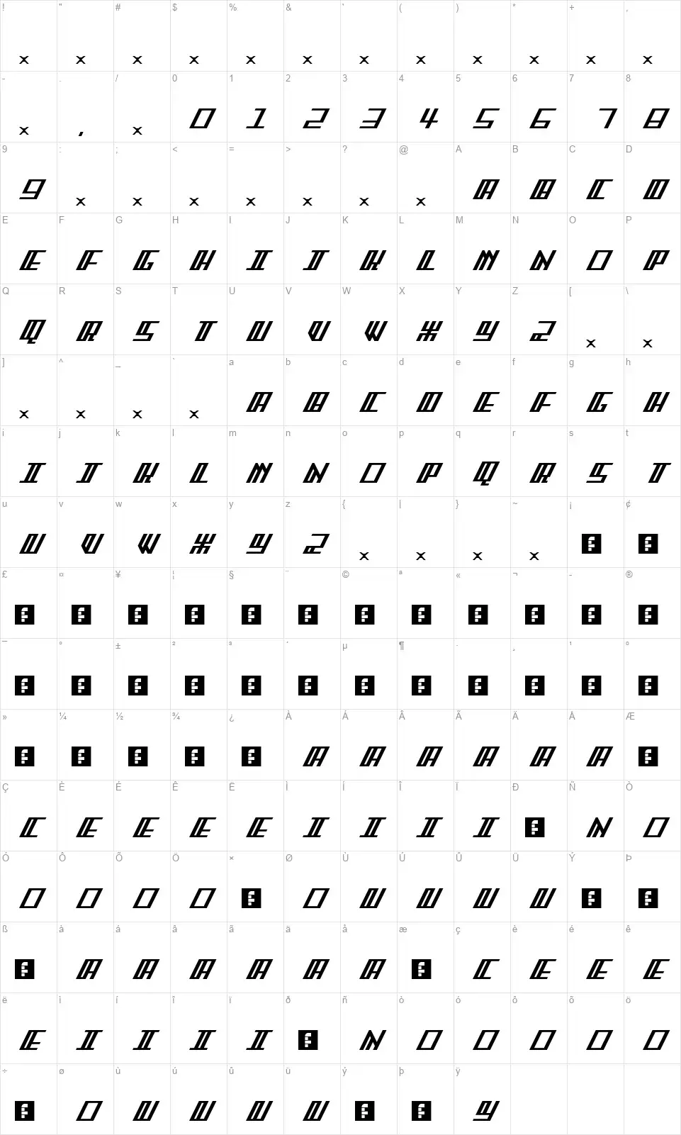 Arcader FSfont character map