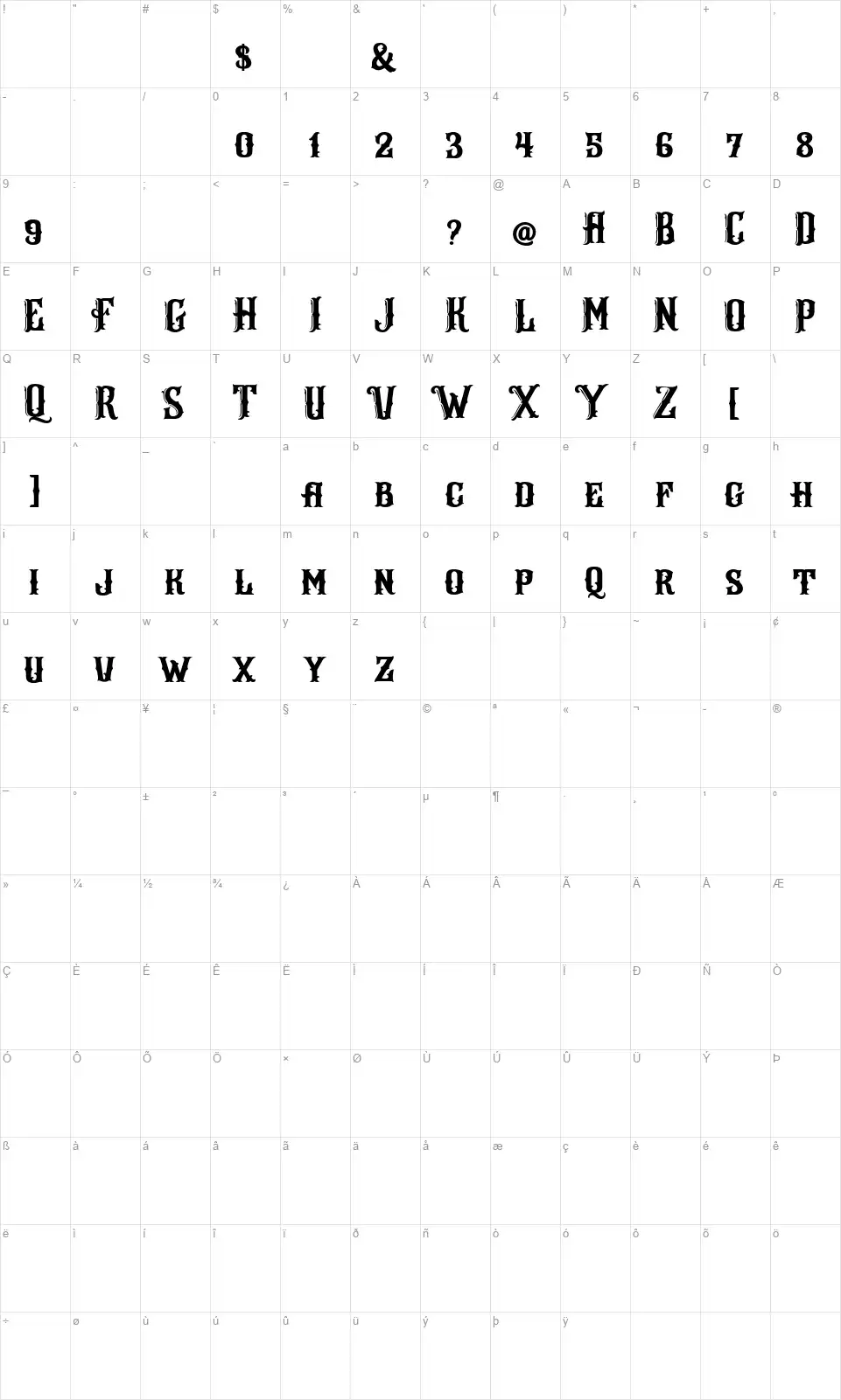 Arlingtonfont character map