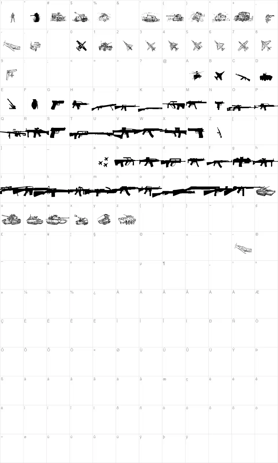 Army Weapons TFBfont character map