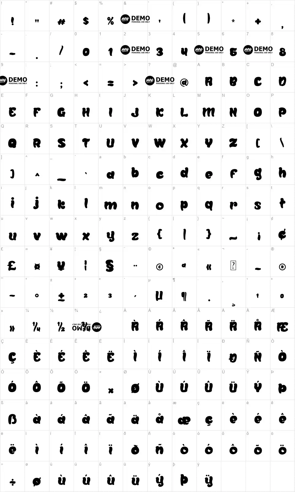Baby Bornfont character map