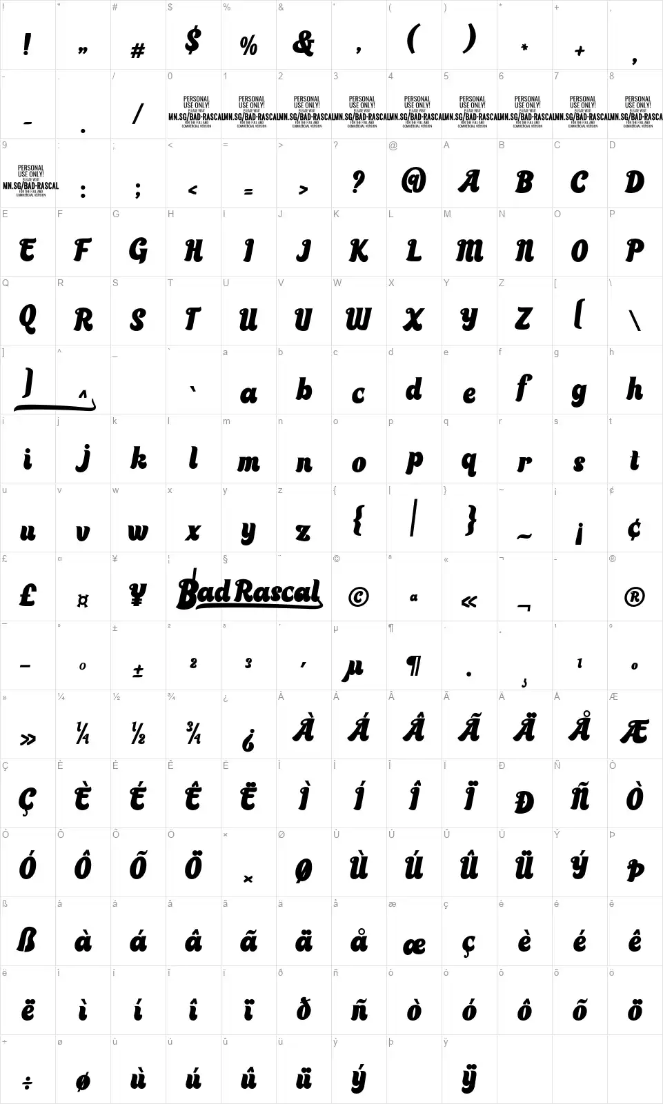 Bad Rascalfont character map