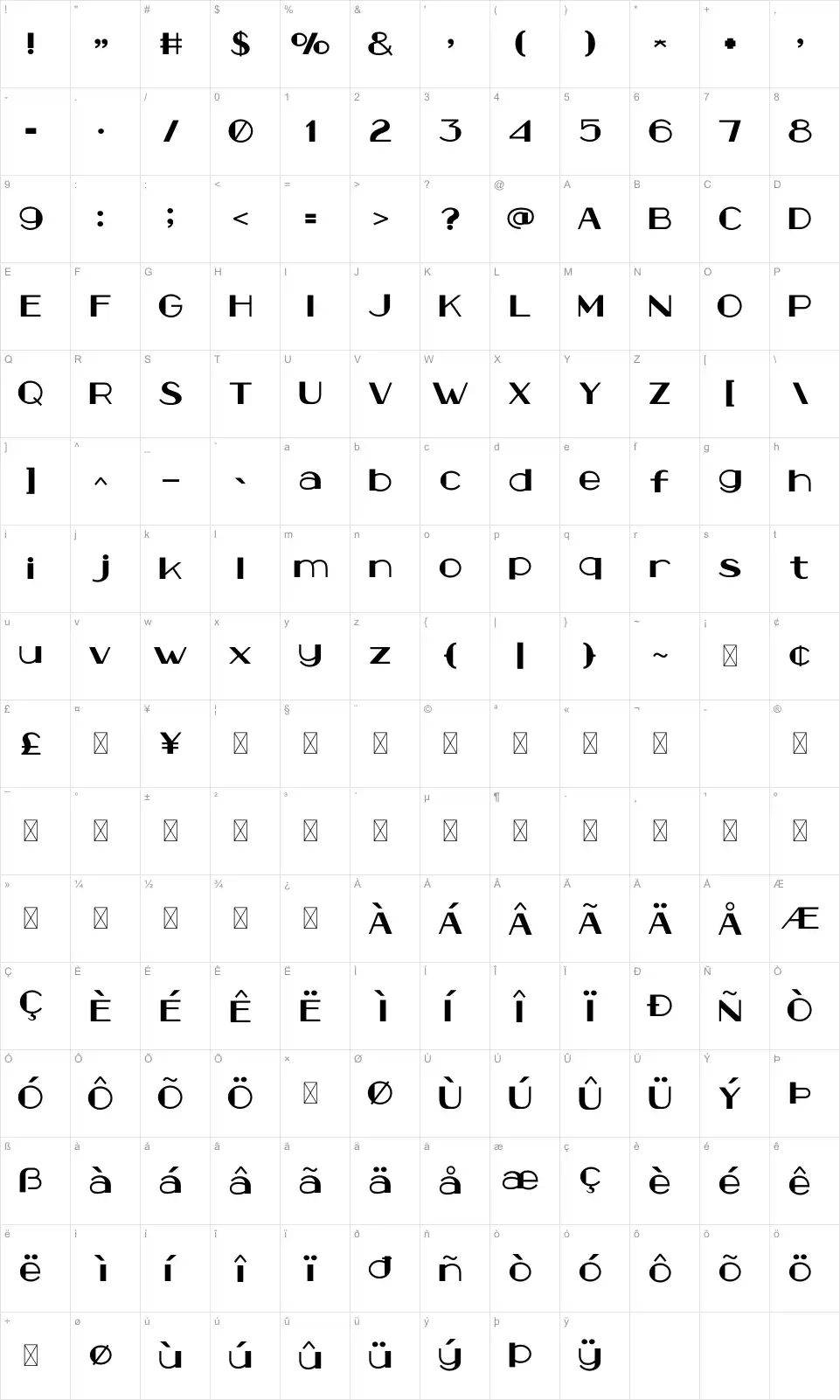 Bareezfont character map