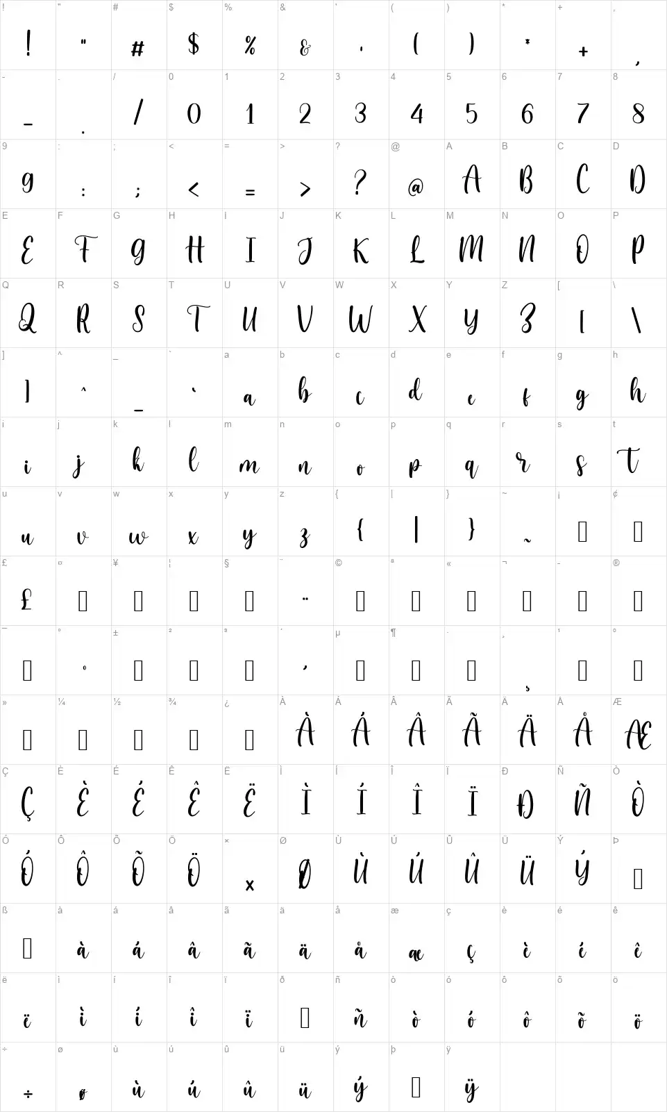 Bella Sohfiafont character map