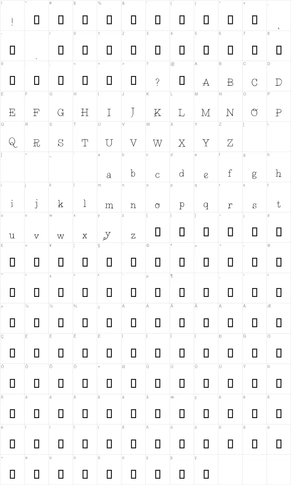 Belle Westfont character map