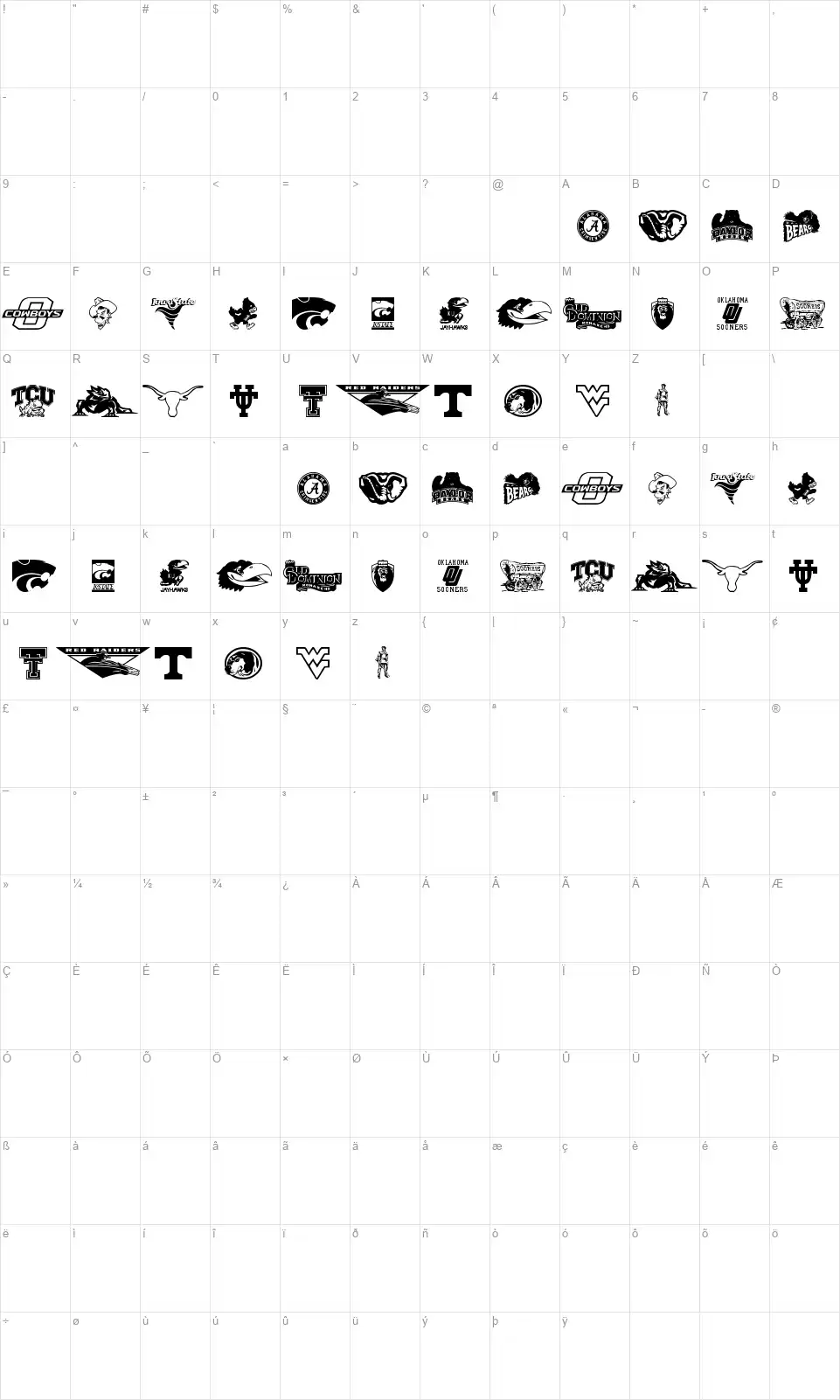 Big-12font character map