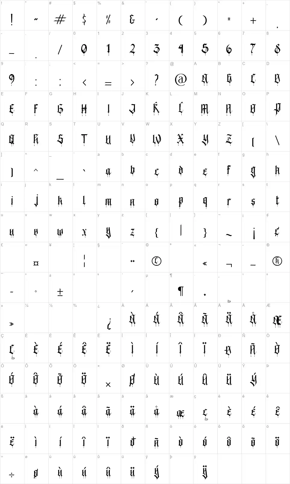 Black Spiderfont character map