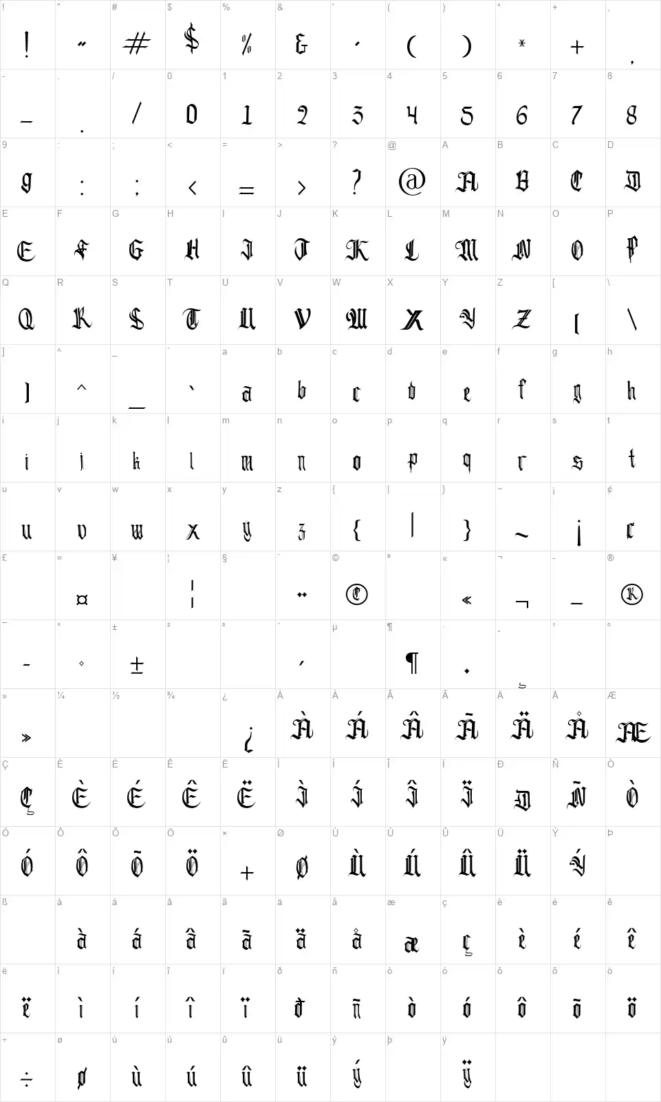 Blackshadowfont character map