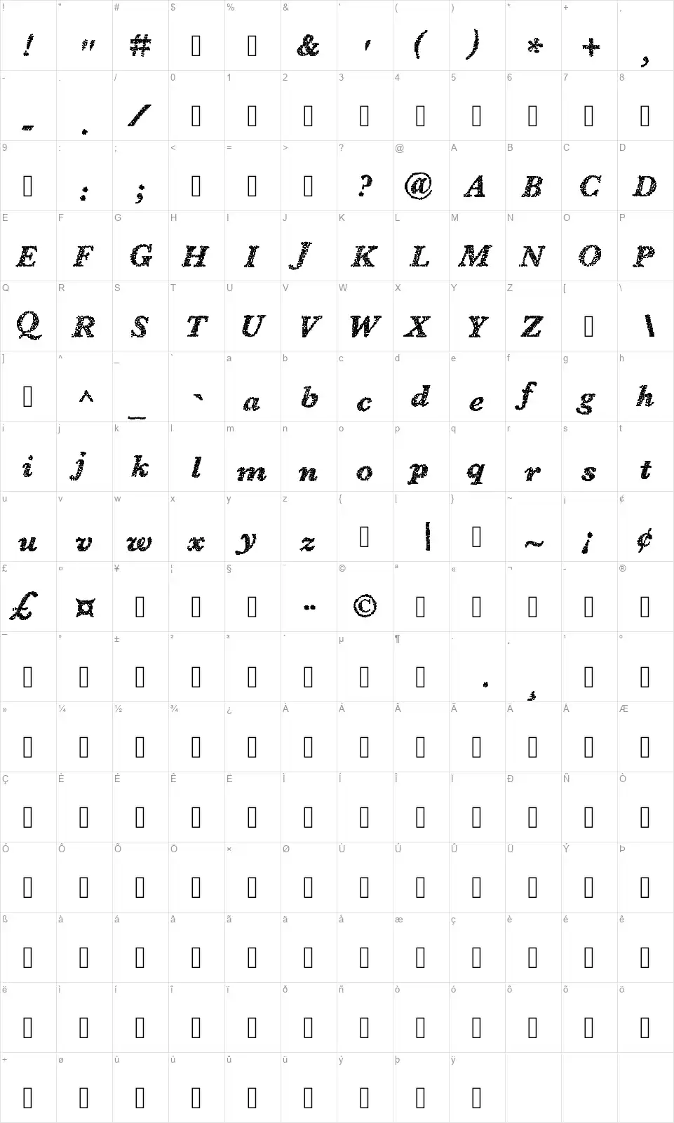 Bleary Daysfont character map