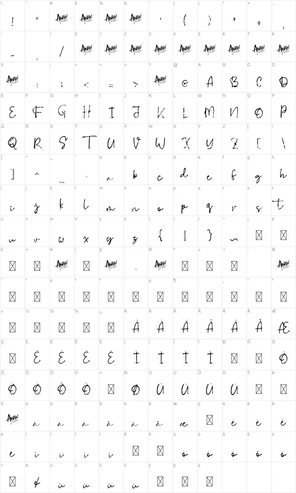 Bloody Scriptfont character map