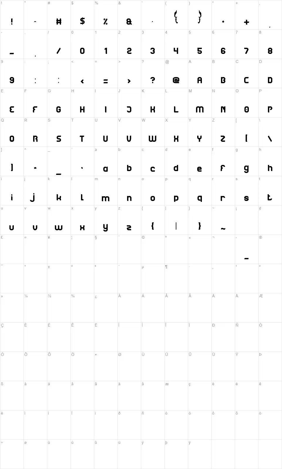 Bogorfont character map