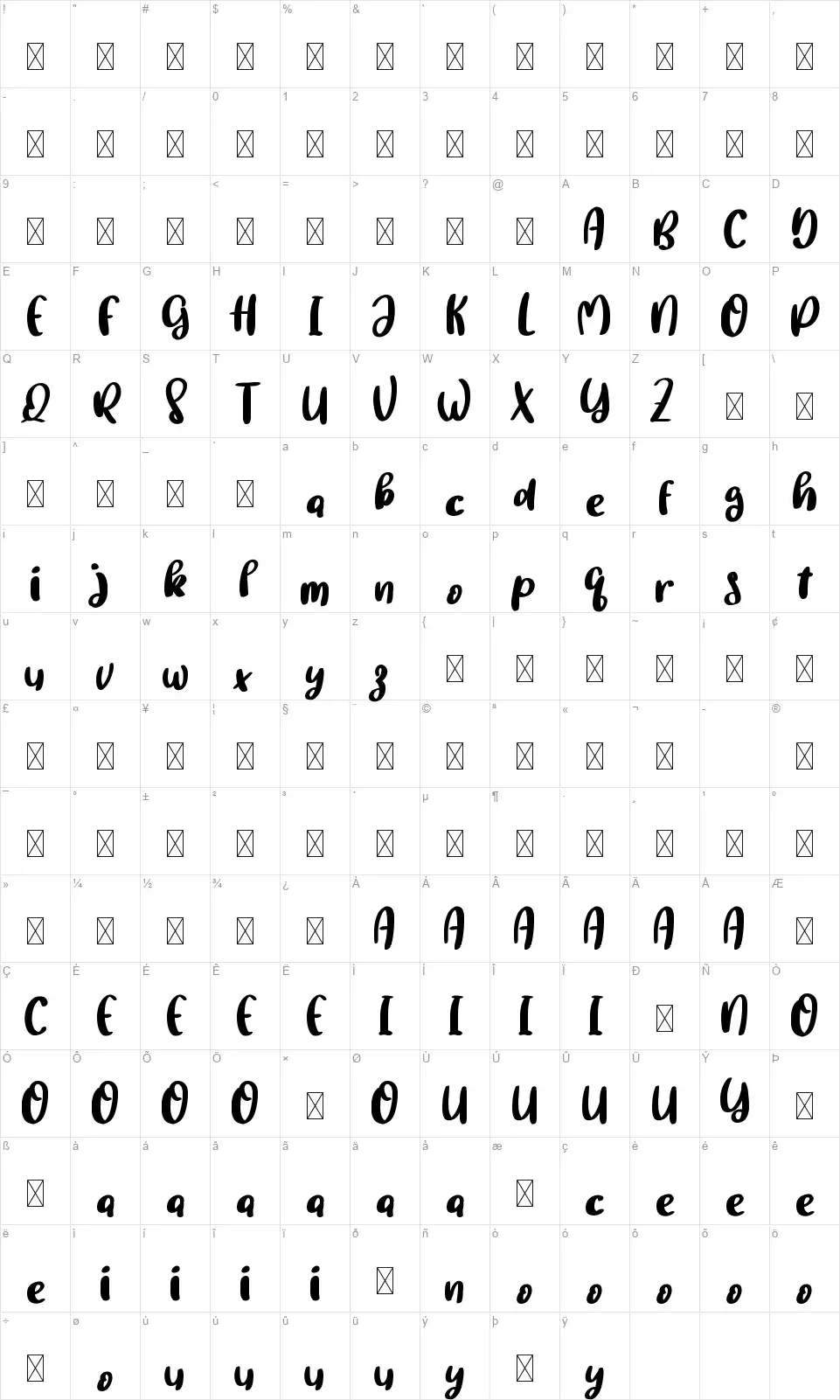 Brother Glowfont character map