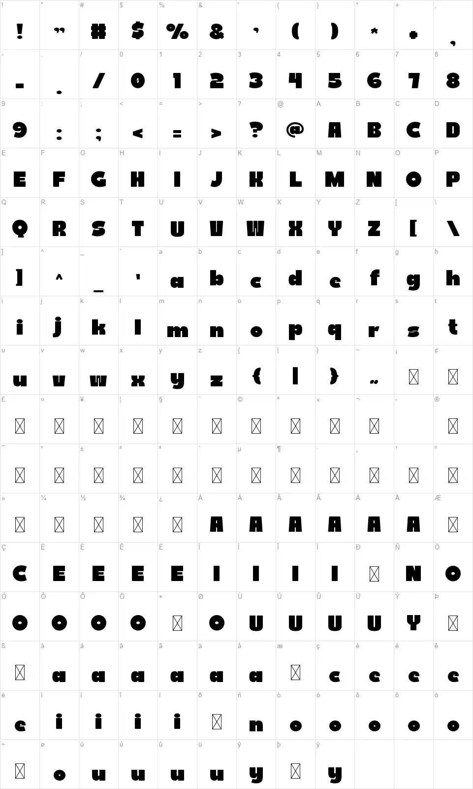 Budoka Zeichentabelle Budokafont character map