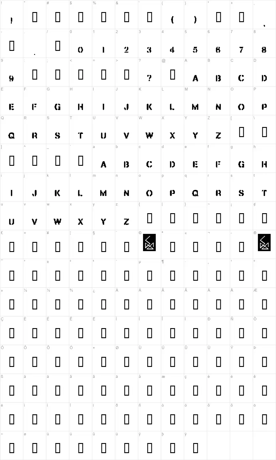 Builderfont character map
