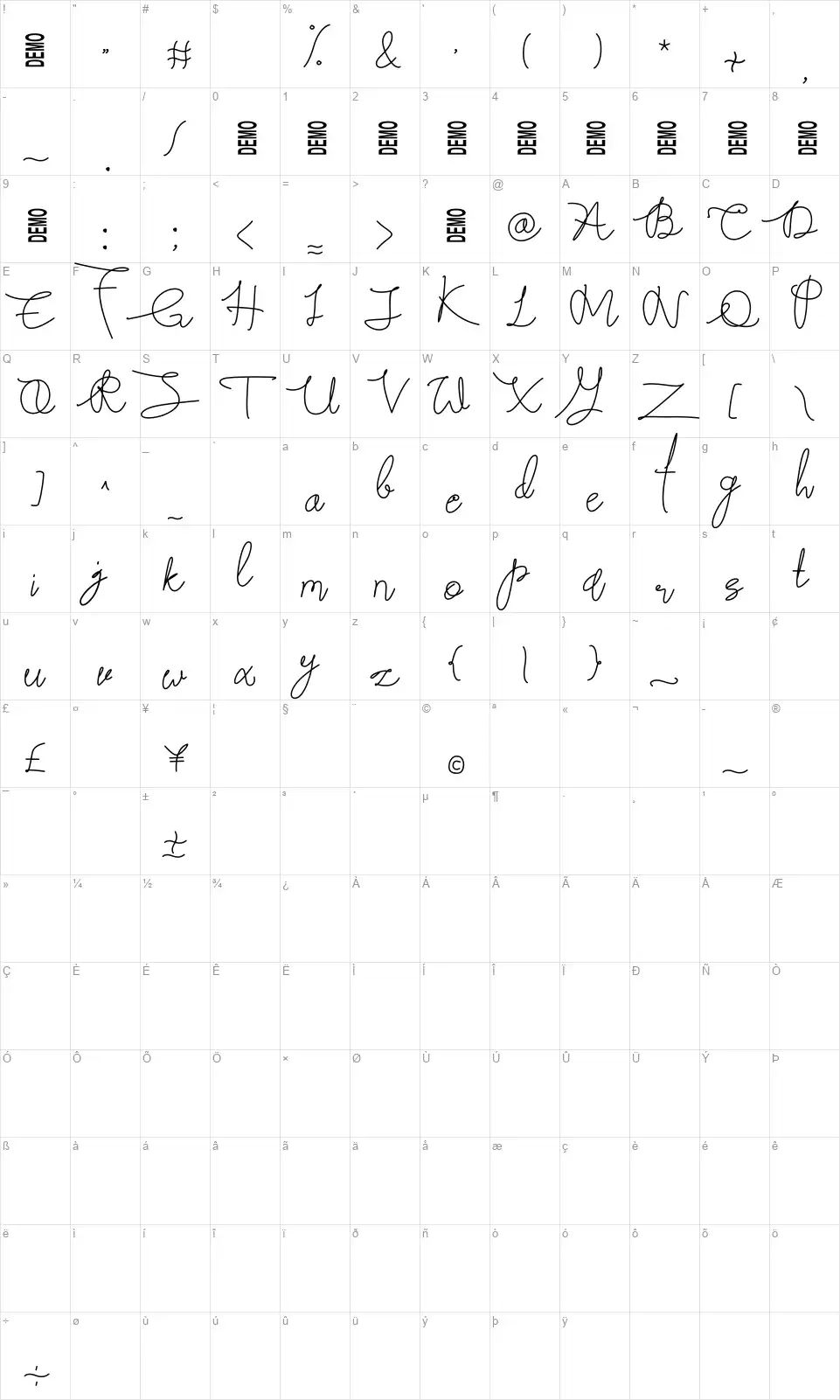 Butter Westfont character map
