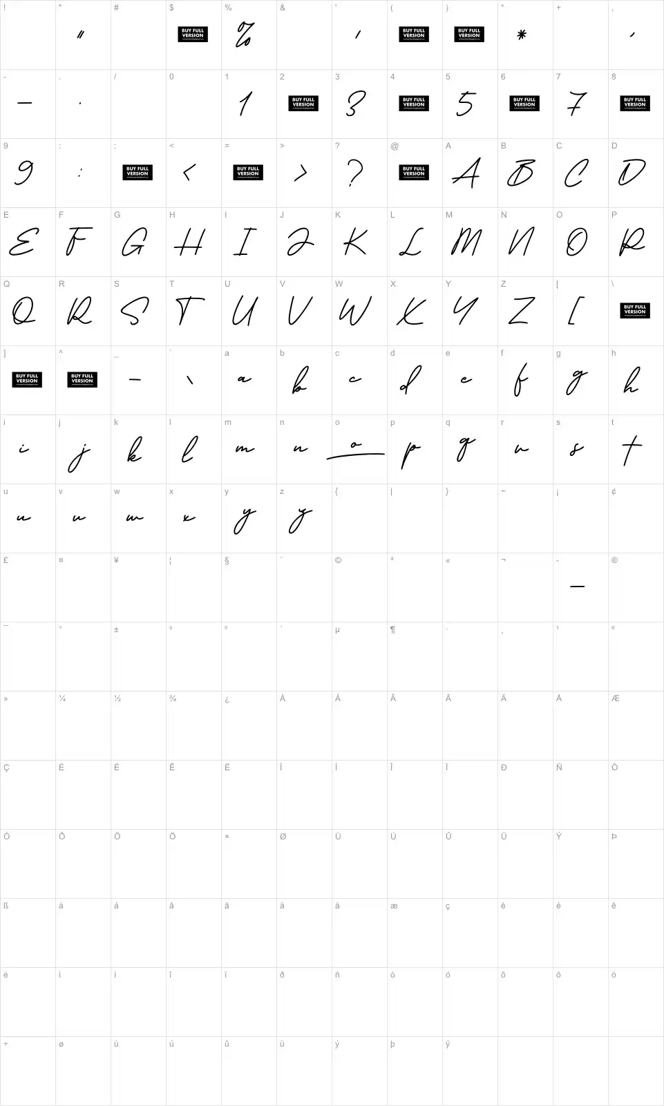 Californian Signaturefont character map