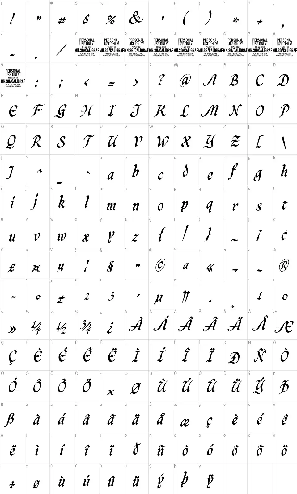Caligraffont character map