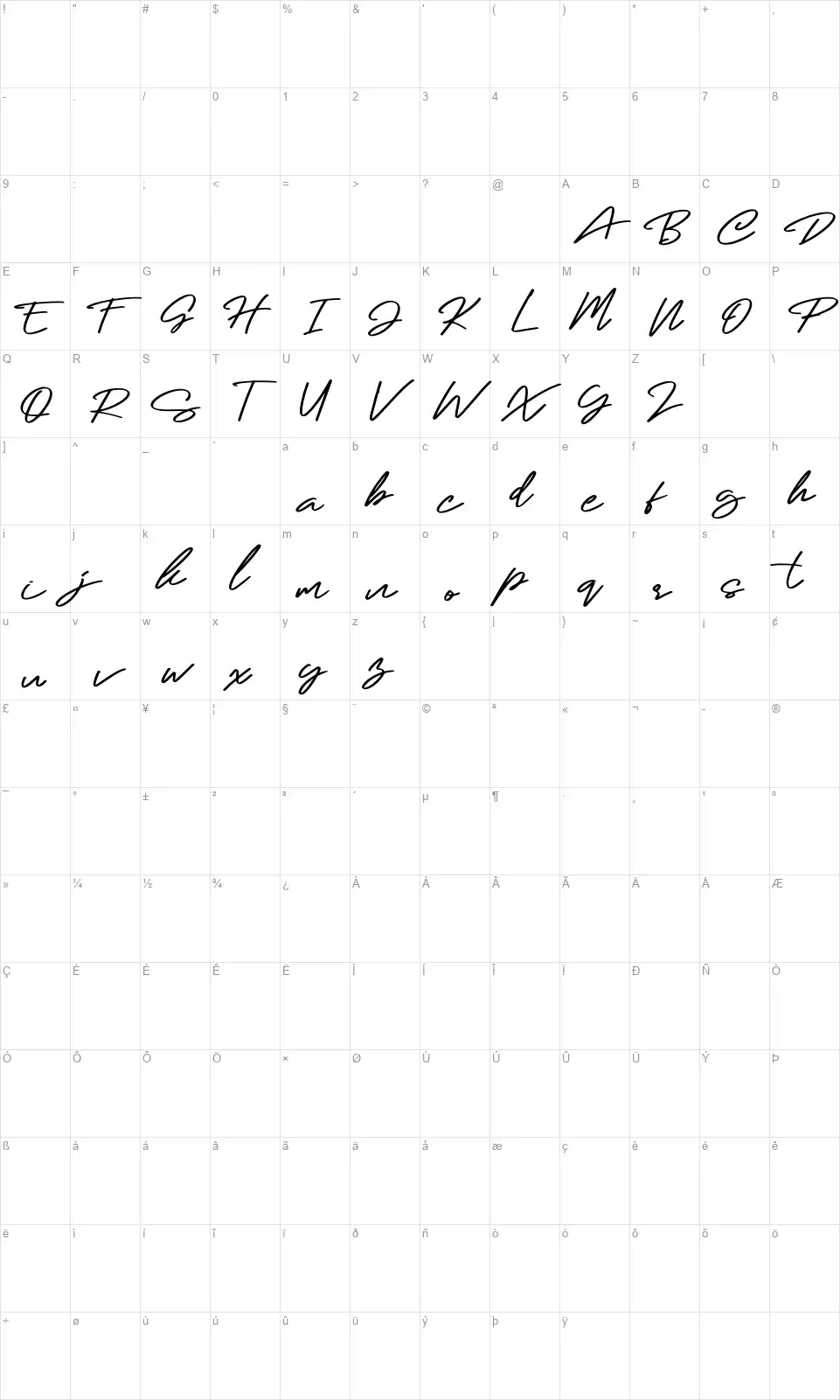 Calling Loves Scriptfont character map