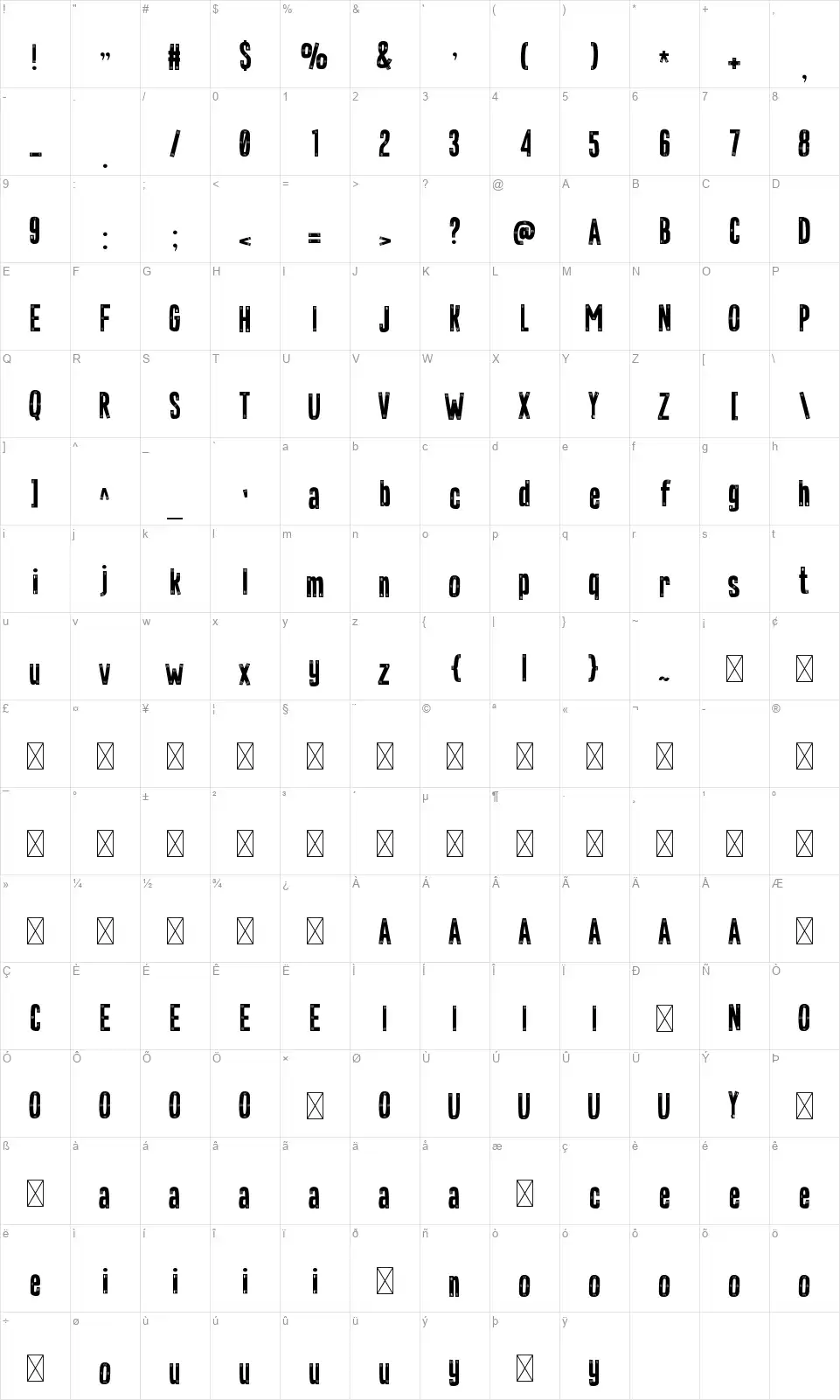 Chispaboomfont character map