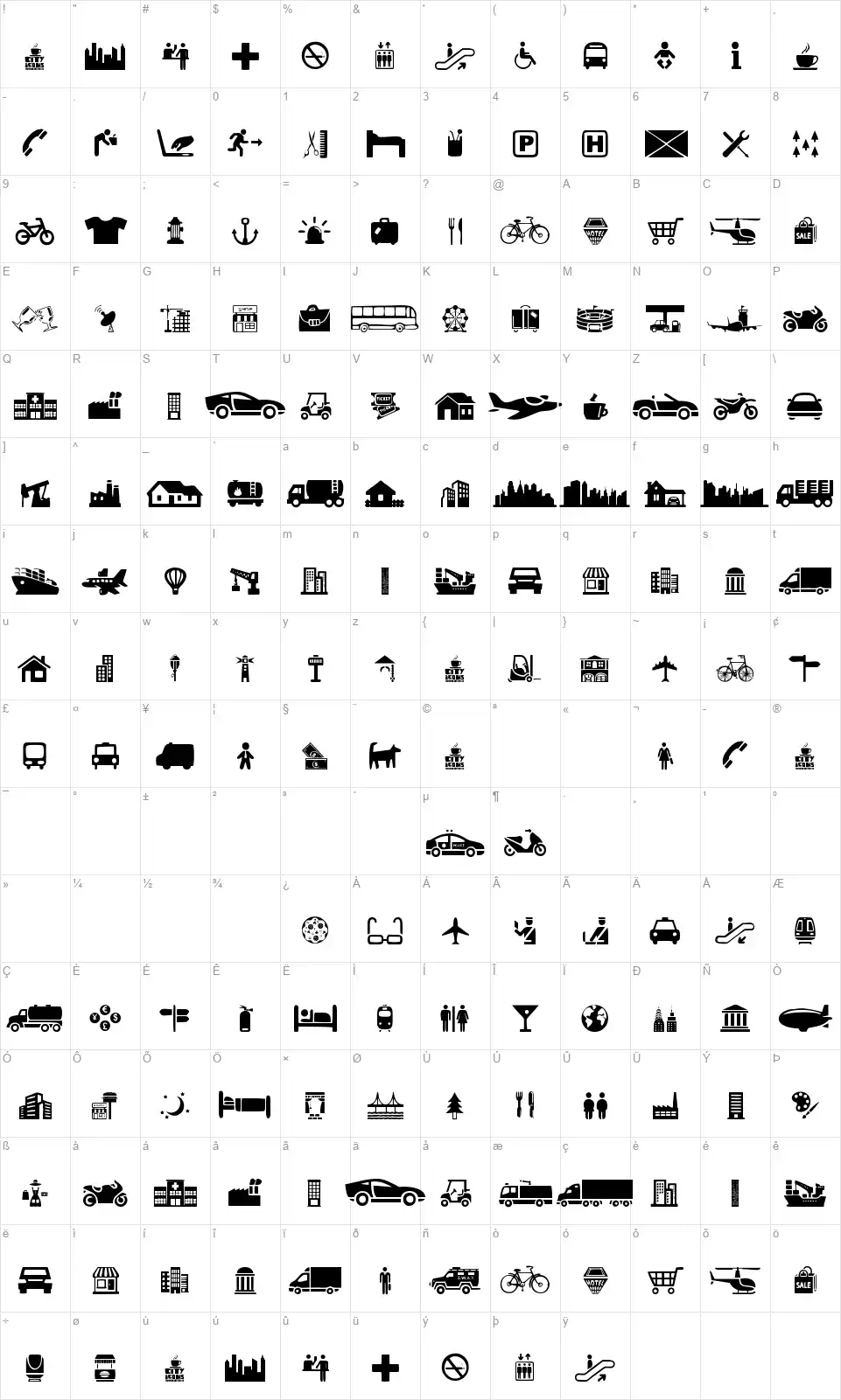 City Iconsfont character map