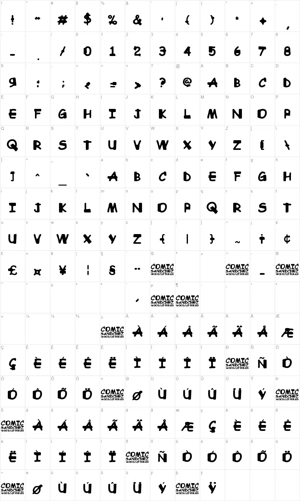 Comic Sandchezfont character map