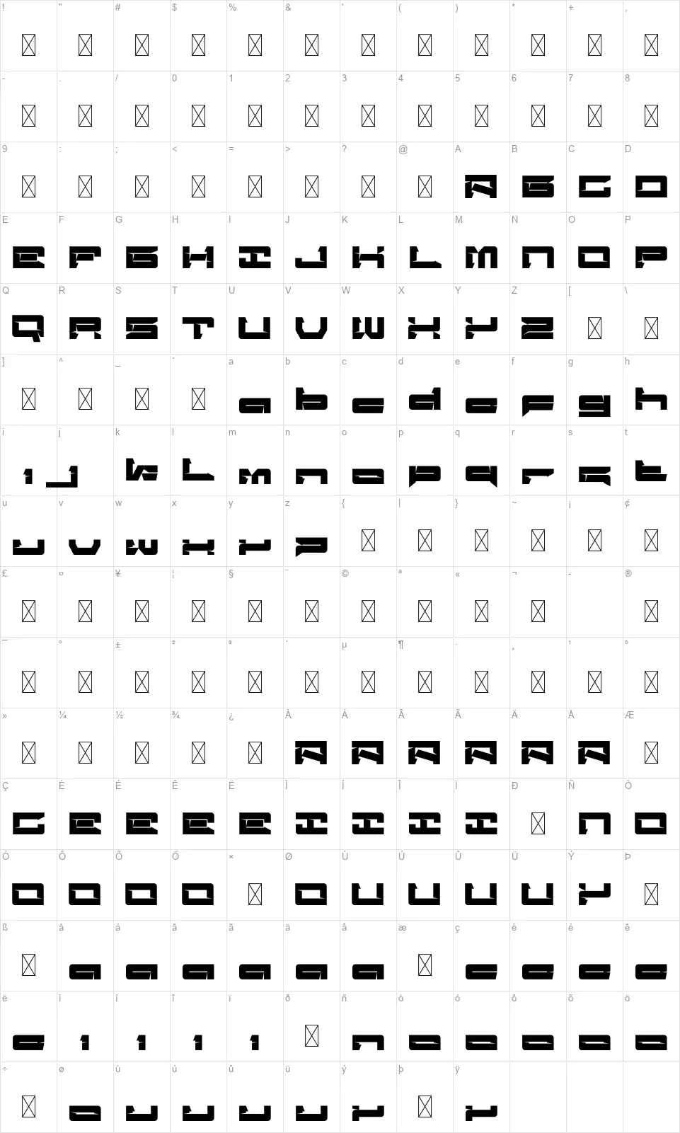 Coretfont character map