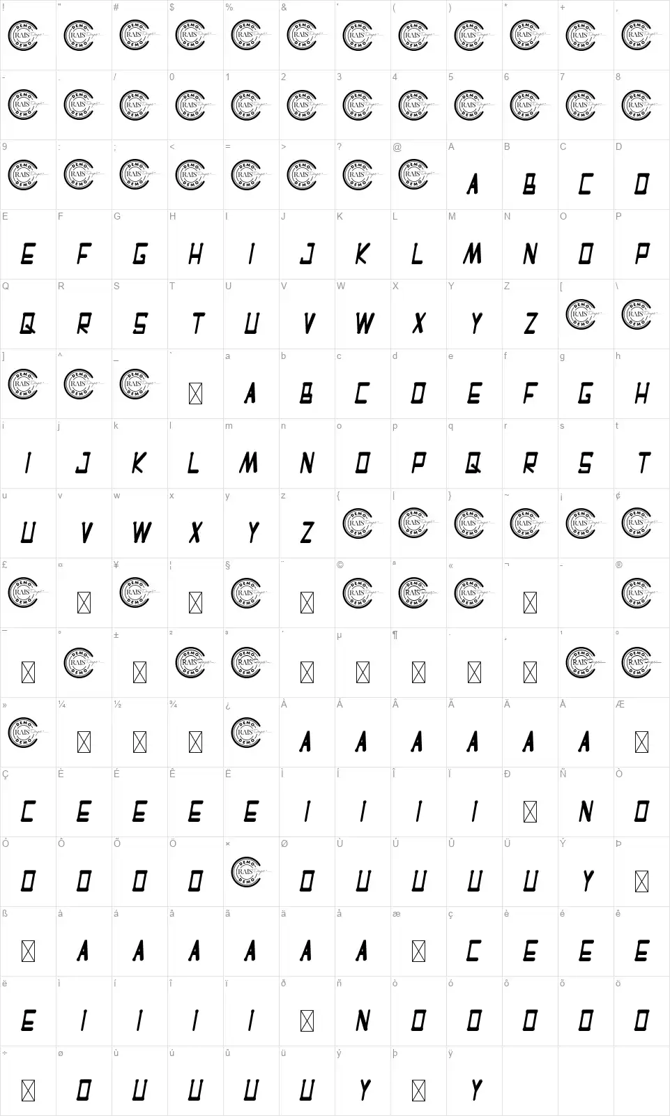 Corneringfont character map