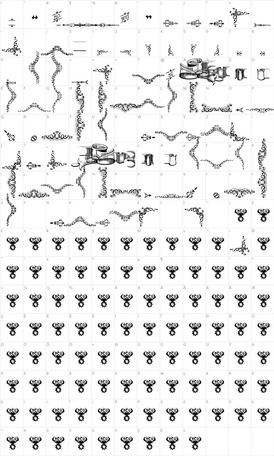 Deborah Extras Ornamentsfont character map