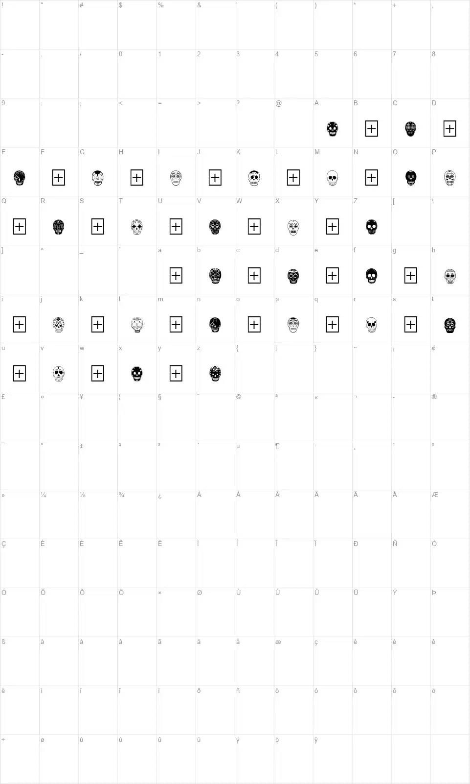 Dia de los Muertosfont character map