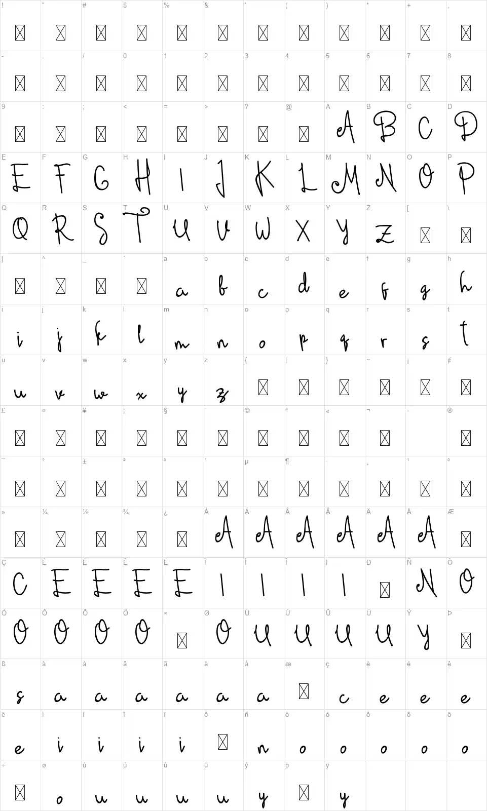 Dianamoon Scriptfont character map