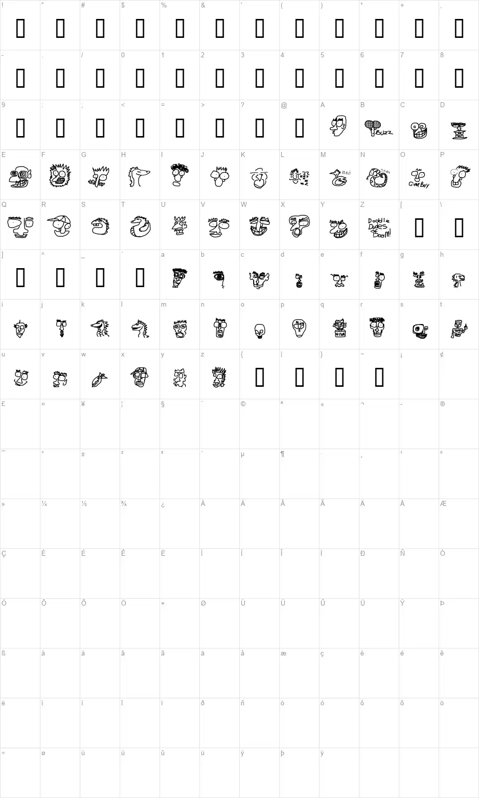 Doodle Dudes of Doomfont character map