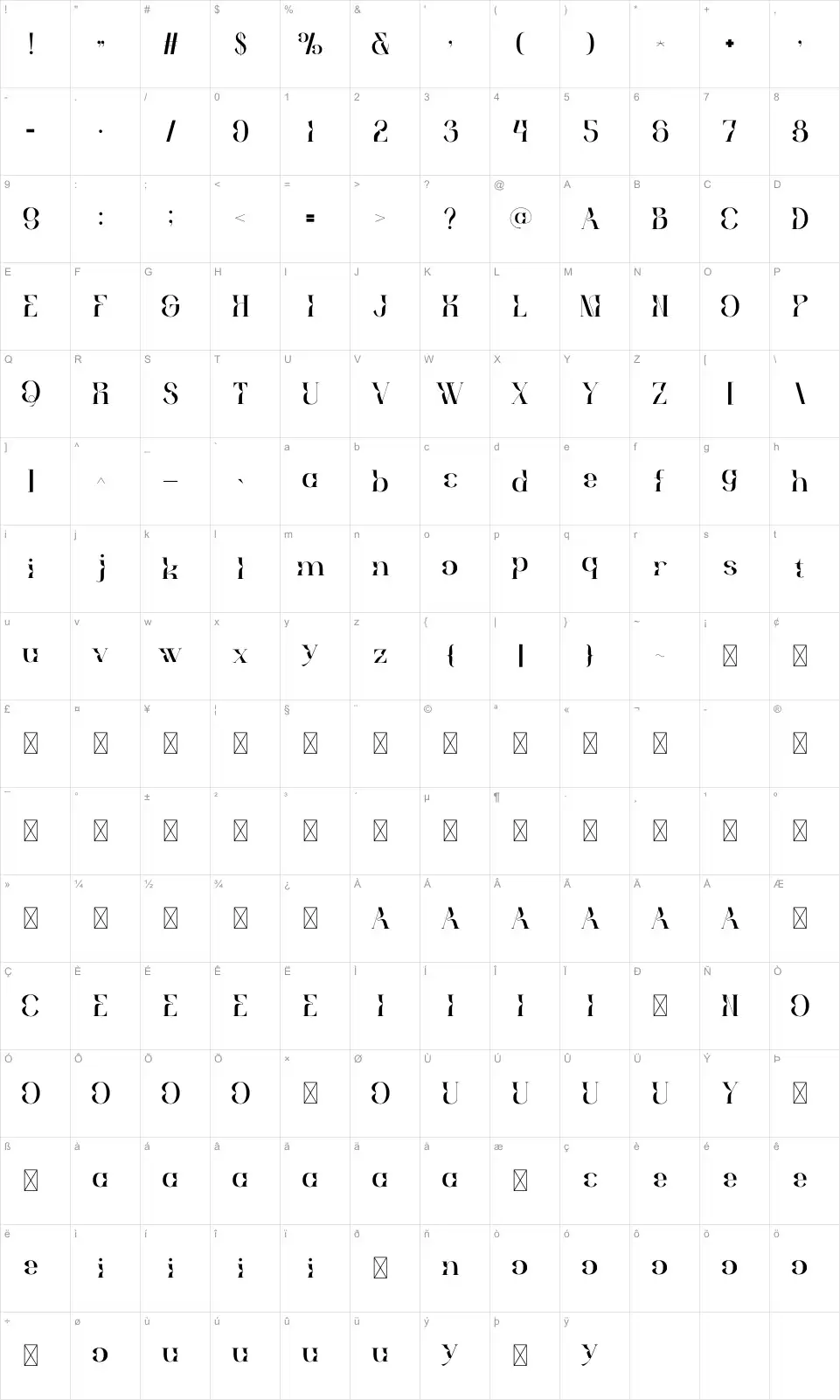 Dreamty Zeichentabelle Dreamtyfont character map