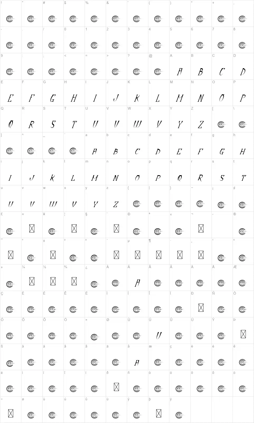 Dynasticfont character map