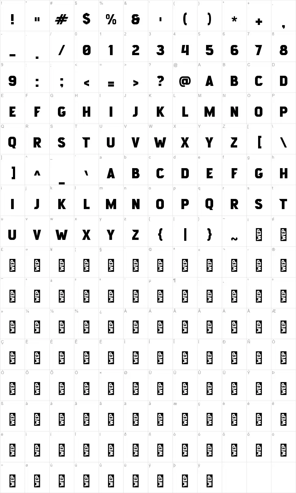 e Explosive Attackfont character map