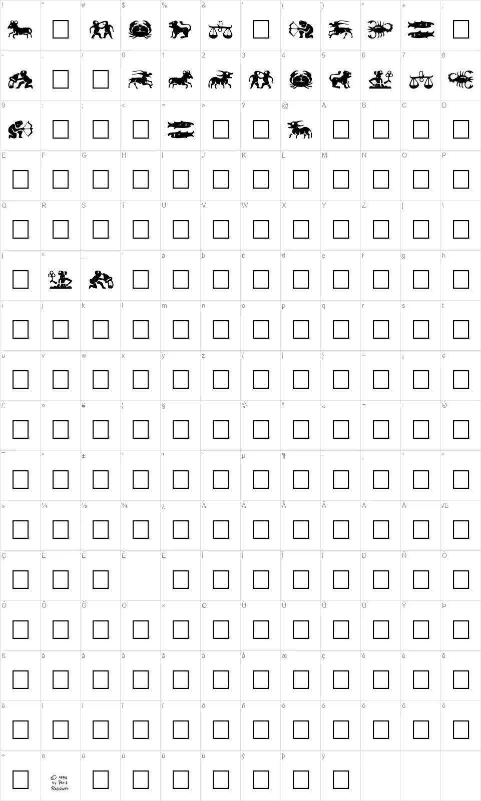 Eileens Medium Zodiacfont character map
