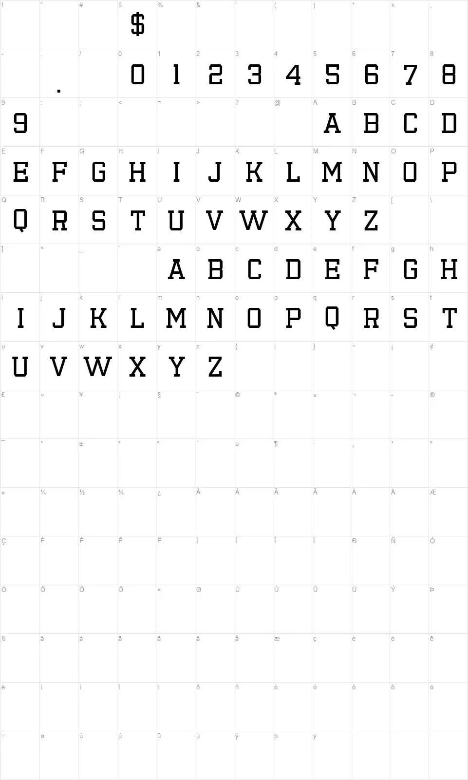 Emilio 19font character map