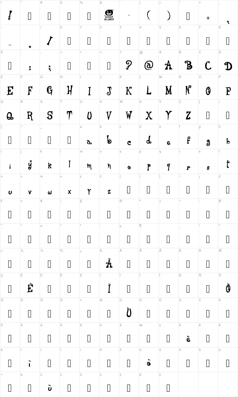 Espen Halloweenfont character map