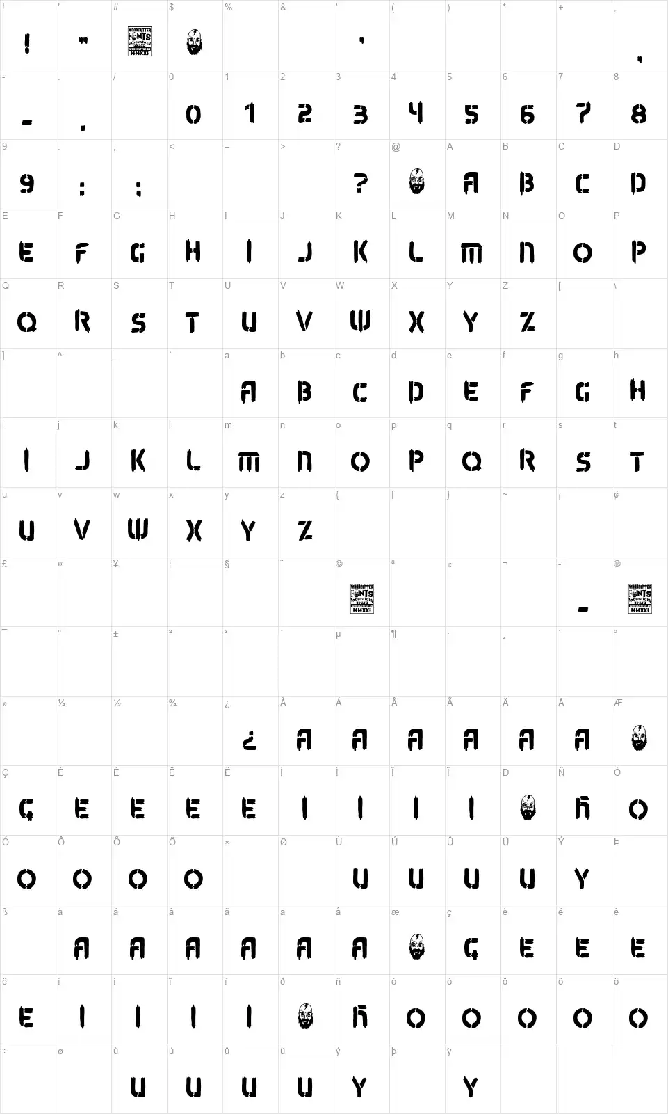 Exotic Stencil Armyfont character map