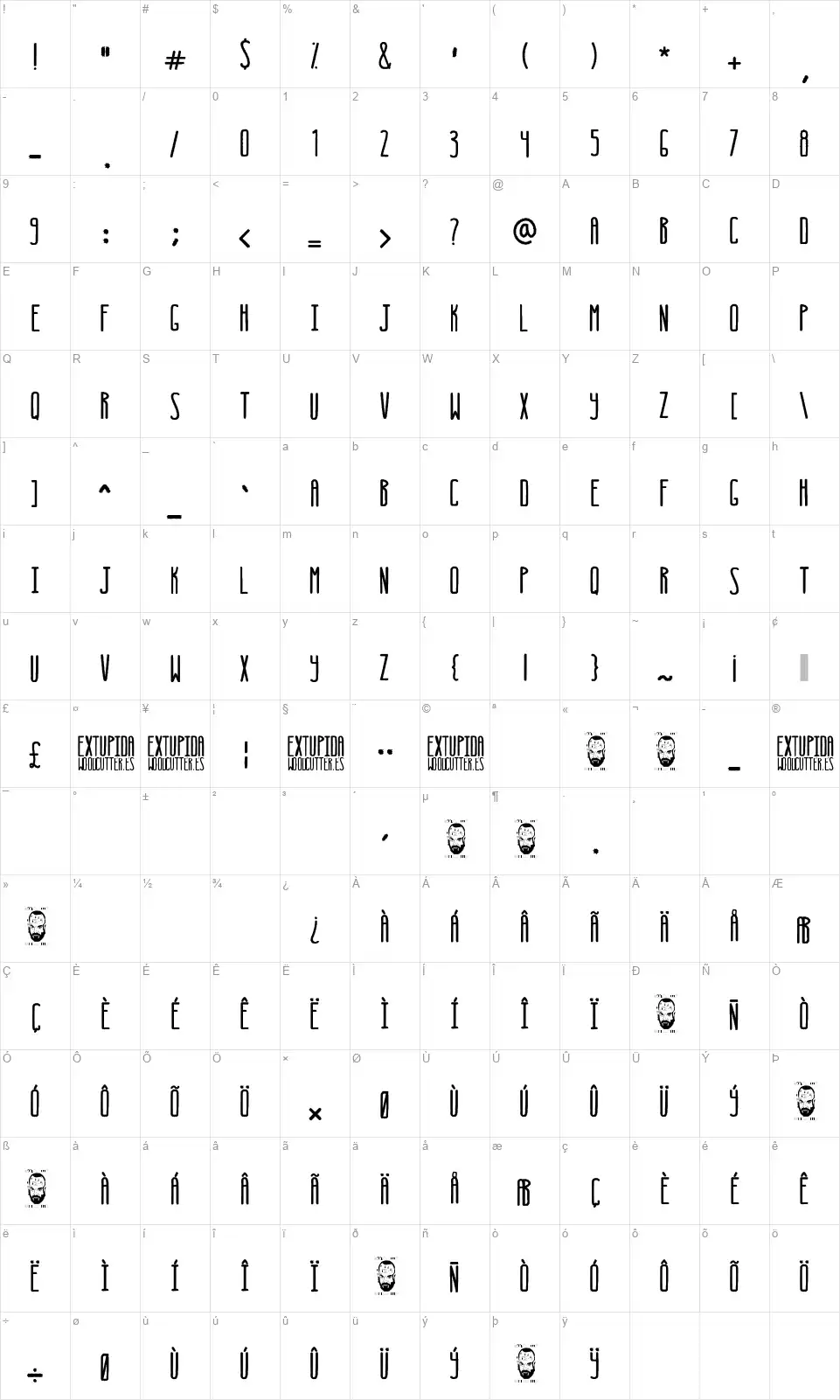 Extupidafont character map