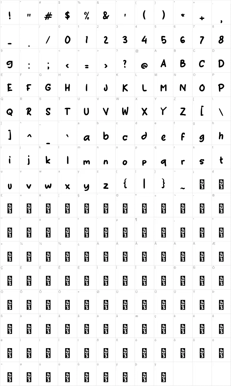 f Funny Catfont character map