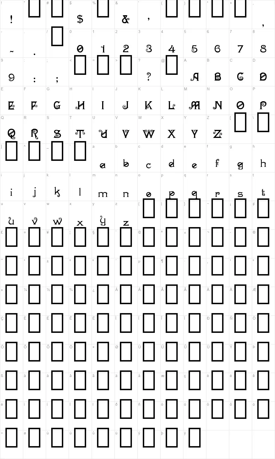 Flirtfont character map