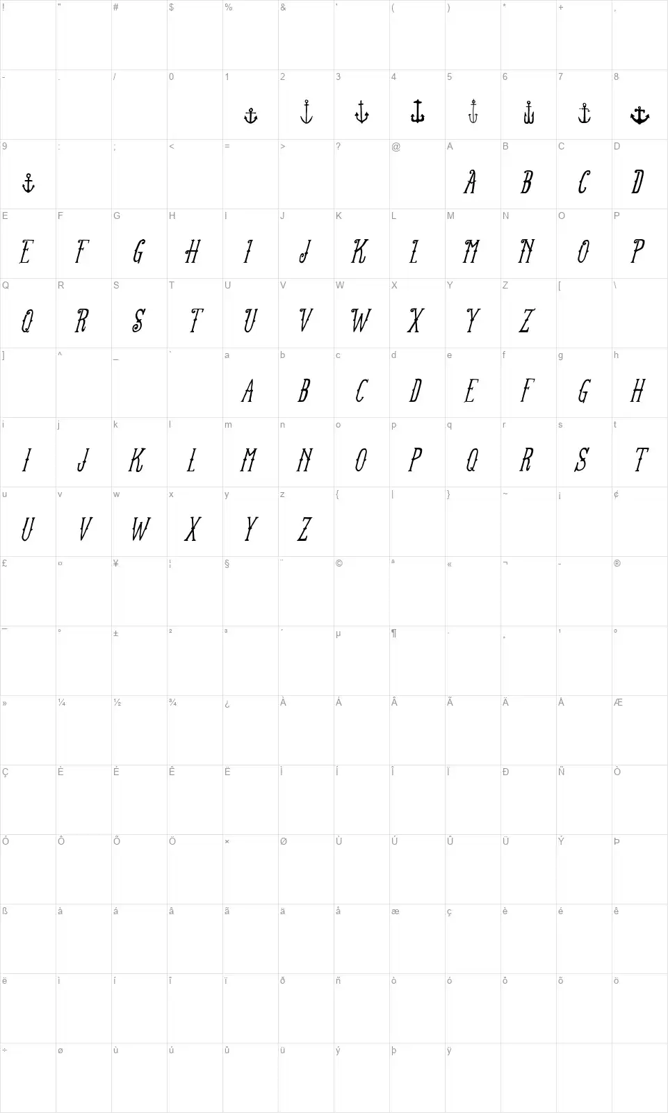 FT Anchor Yardfont character map
