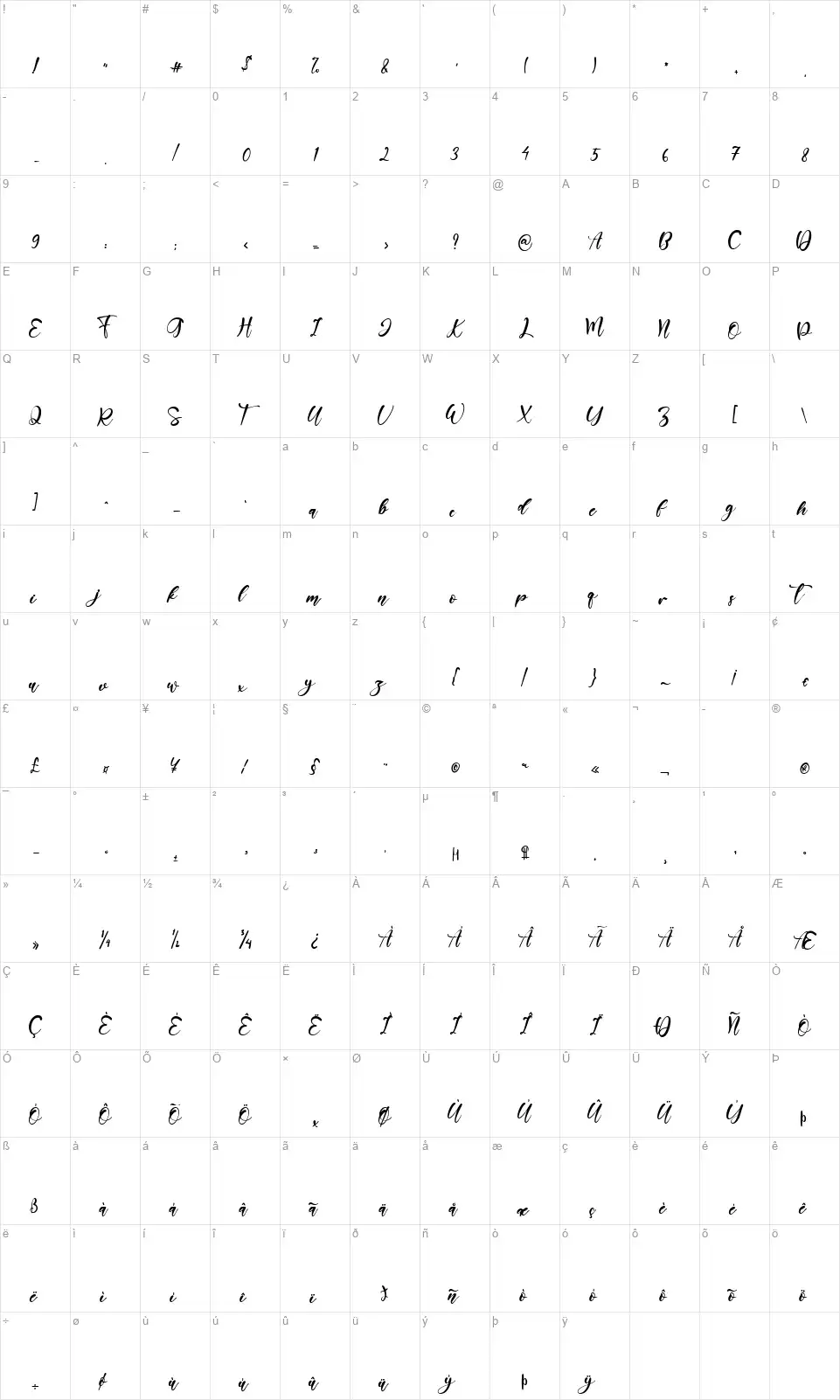 Golden Cristalfont character map